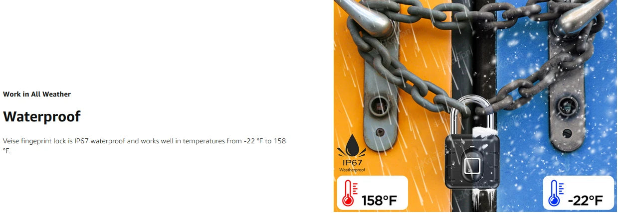 Fingerprint Padlock IP67 Waterproof Lock Smart Padlock Keyless Biometric Lock Suitable for Luggage Suitcase Gym Locker Lock