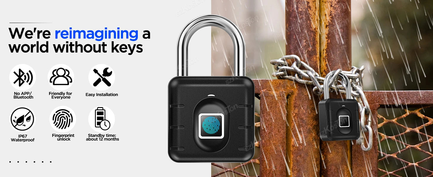 Fingerprint Padlock IP67 Waterproof Lock Smart Padlock Keyless Biometric Lock Suitable for Luggage Suitcase Gym Locker Lock
